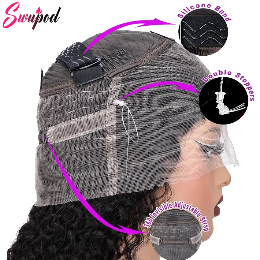 250 Density HD Invisi Strap 360 Full Lace Frontal Kinky Curly Wig 30 inch Black Human Hair Drawstring Snug Water Wig Glueless