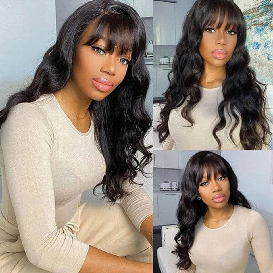 Body Wave Human Hair Wigs With Bangs Short Bob Wig Glueless Wigs Brazilian Fringe Remy Full Machine Made Wig For Black Women 180