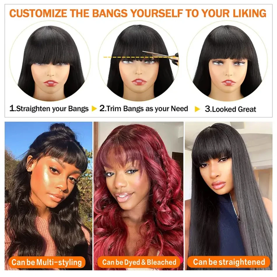 Body Wave Human Hair Wigs With Bangs Short Bob Wig Glueless Wigs Brazilian Fringe Remy Full Machine Made Wig For Black Women 180