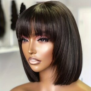 Straight Short Bob Wig With Bangs Human Hair Double Drawn