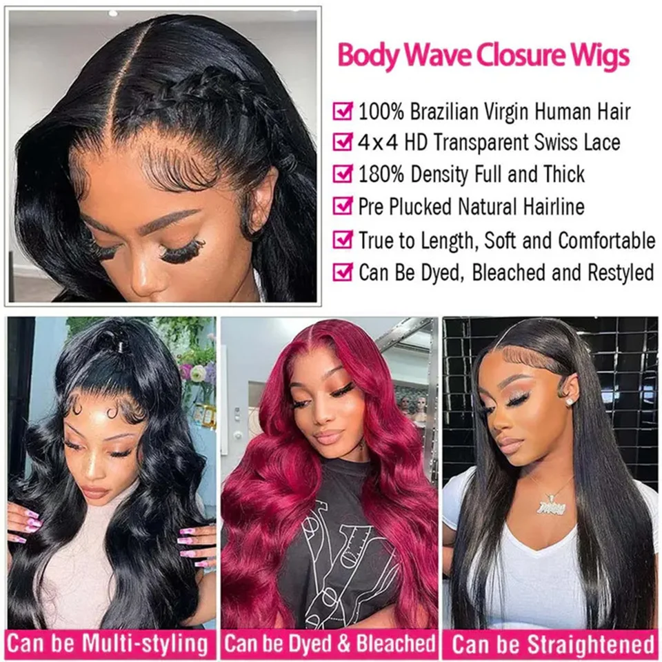 32 34 Inch 4x4 Lace Closure Wigs Human Hair Pre Plucked 4x4 Body Wave Lace Front Wigs Human Hair 180% Density Virgin Hair