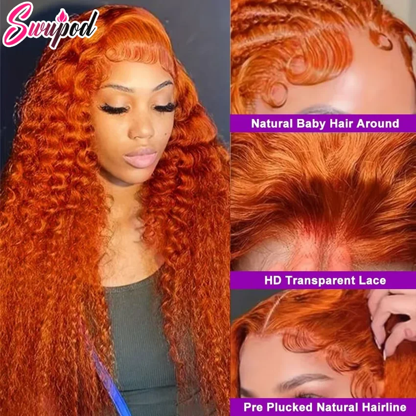 Swupod 13x4 13x6 220% Density Transparent HD Lace Front Wig for Women Deep Wave Remy Human Hair Ginger Orange 350# Loose Curly
