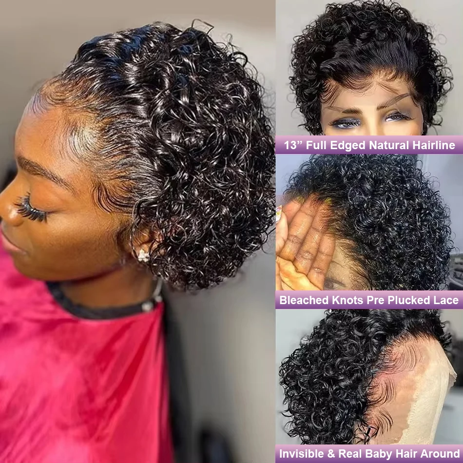 13x4 Pixie Cut Short Curly Human Hair Wigs Cheap 13x1 T Part Transparent Lace Wigs For Black Women Natural Hair Pre Plucked