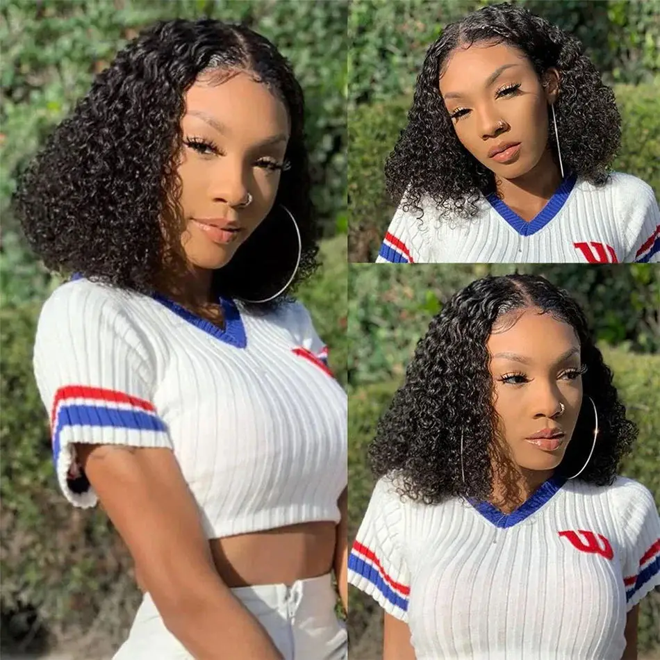 Curly Human Hair Frontal Wigs 13x4 Transparent Lace Front Wig 200% Density Deep Wave Bob Wigs Brazilian 100% Human Hair 16Inch