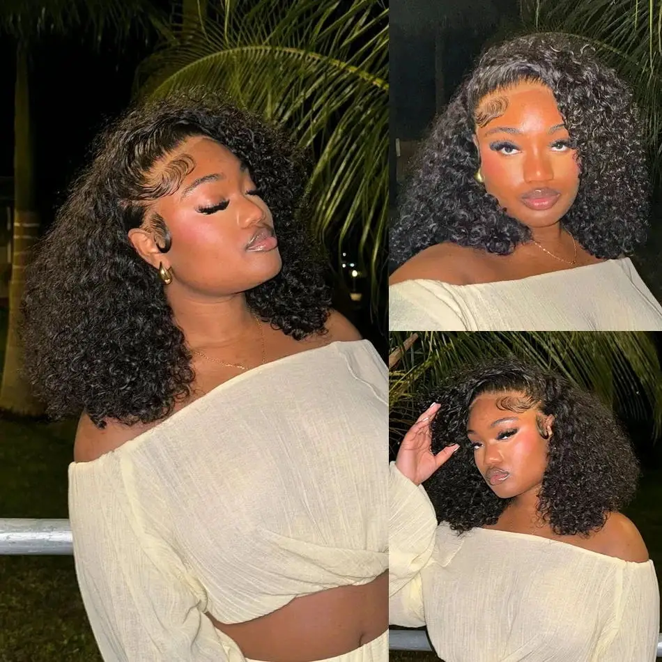 Curly Human Hair Frontal Wigs 13x4 Transparent Lace Front Wig 200% Density Deep Wave Bob Wigs Brazilian 100% Human Hair 16Inch