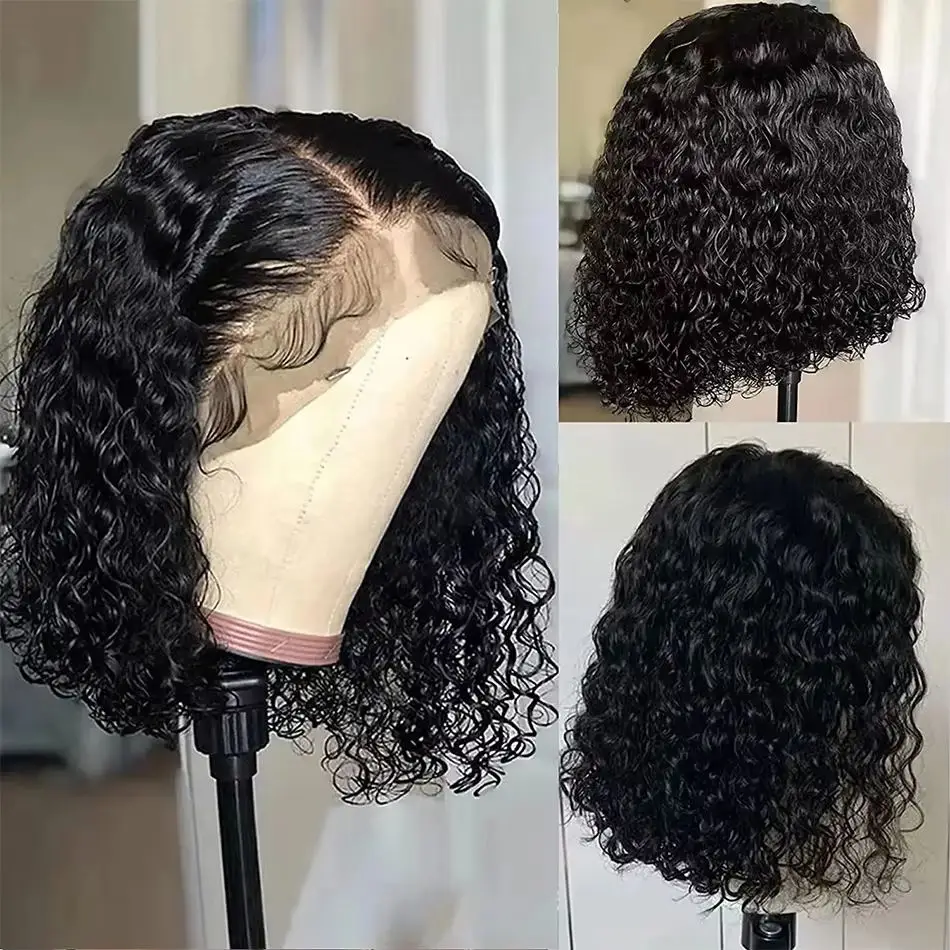 Curly Human Hair Frontal Wigs 13x4 Transparent Lace Front Wig 200% Density Deep Wave Bob Wigs Brazilian 100% Human Hair 16Inch