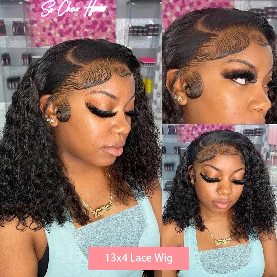 Curly Human Hair Frontal Wigs 13x4 Transparent Lace Front Wig 200% Density Deep Wave Bob Wigs Brazilian 100% Human Hair 16Inch