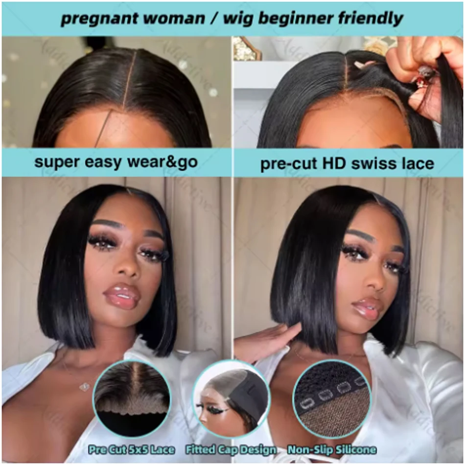 14Inch Short Glueless Wig Human Hair Ready To Wear Bone Straight Cheap Wigs Bob Straight PreCut HD Lace Frontal 180% Wigs OnSale
