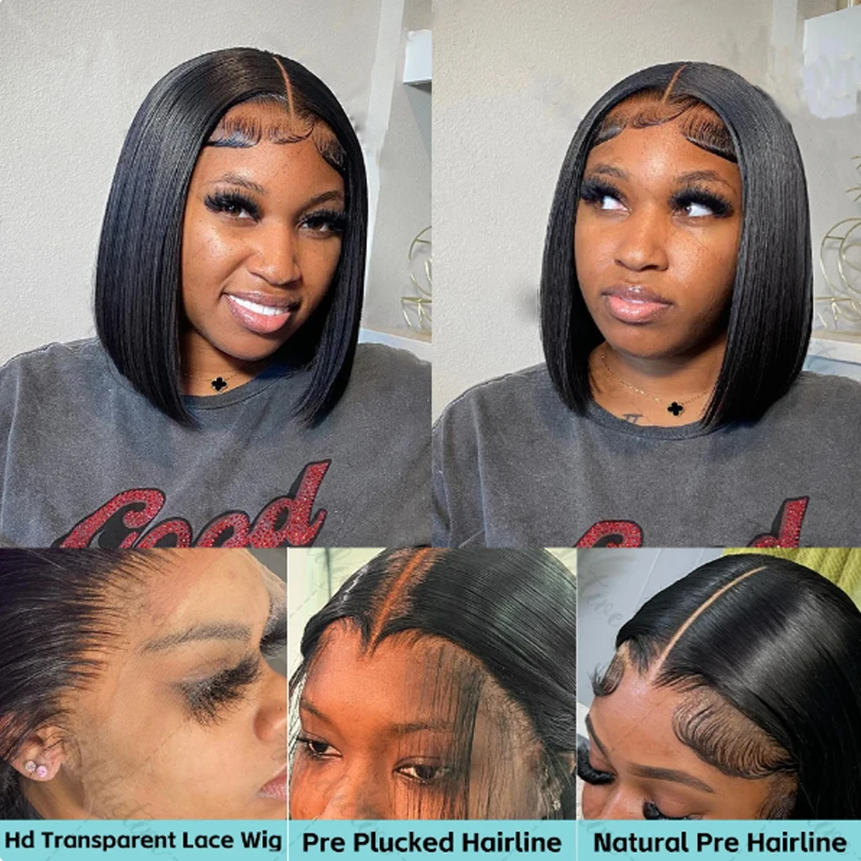 14Inch Short Glueless Wig Human Hair Ready To Wear Bone Straight Cheap Wigs Bob Straight PreCut HD Lace Frontal 180% Wigs OnSale