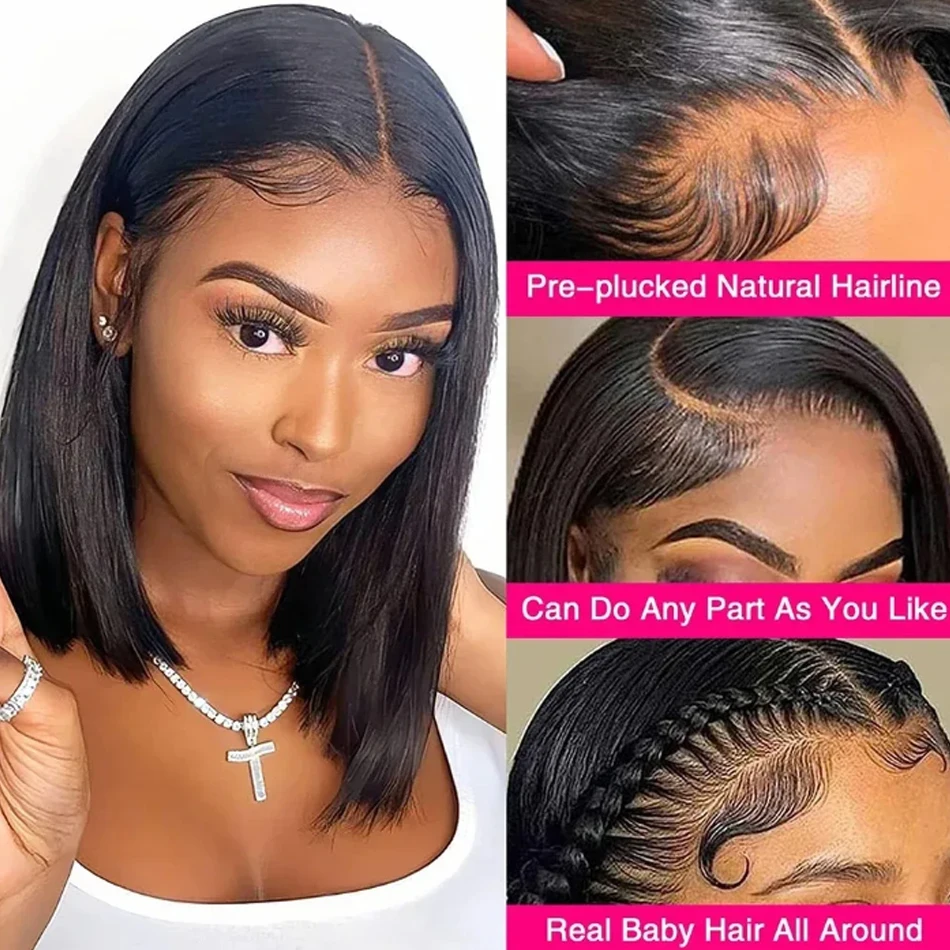 14Inch Short Glueless Wig Human Hair Ready To Wear Bone Straight Cheap Wigs Bob Straight PreCut HD Lace Frontal 180% Wigs OnSale
