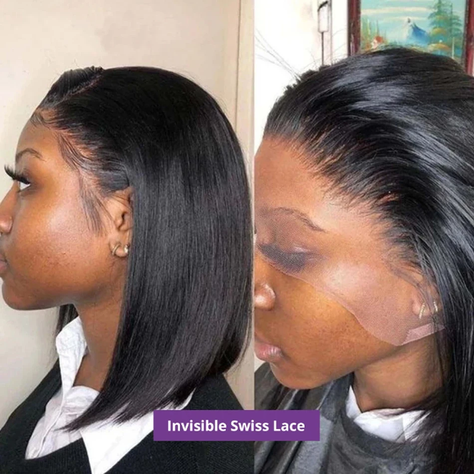 14Inch Short Glueless Wig Human Hair Ready To Wear Bone Straight Cheap Wigs Bob Straight PreCut HD Lace Frontal 180% Wigs OnSale