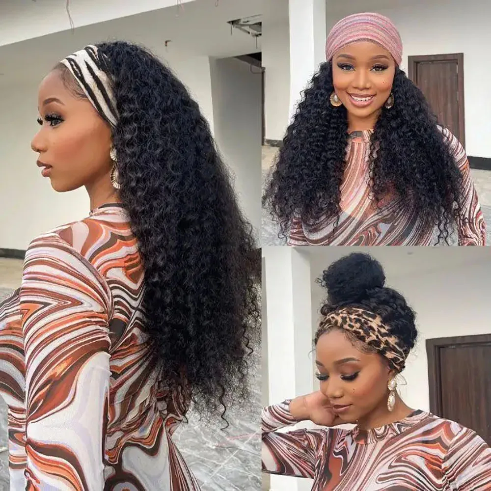 Kinky Curly Headband Wig Human Hair Glueless No Lace Front Wig for Black Women Glueless Machine Made Headband Human Hair Wigs