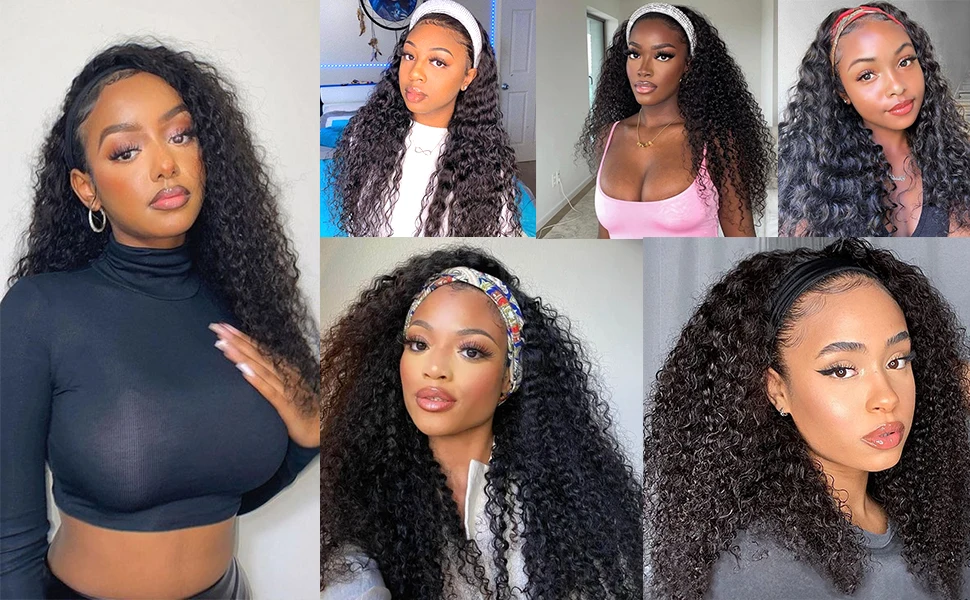 Kinky Curly Headband Wig Human Hair Glueless No Lace Front Wig for Black Women Glueless Machine Made Headband Human Hair Wigs
