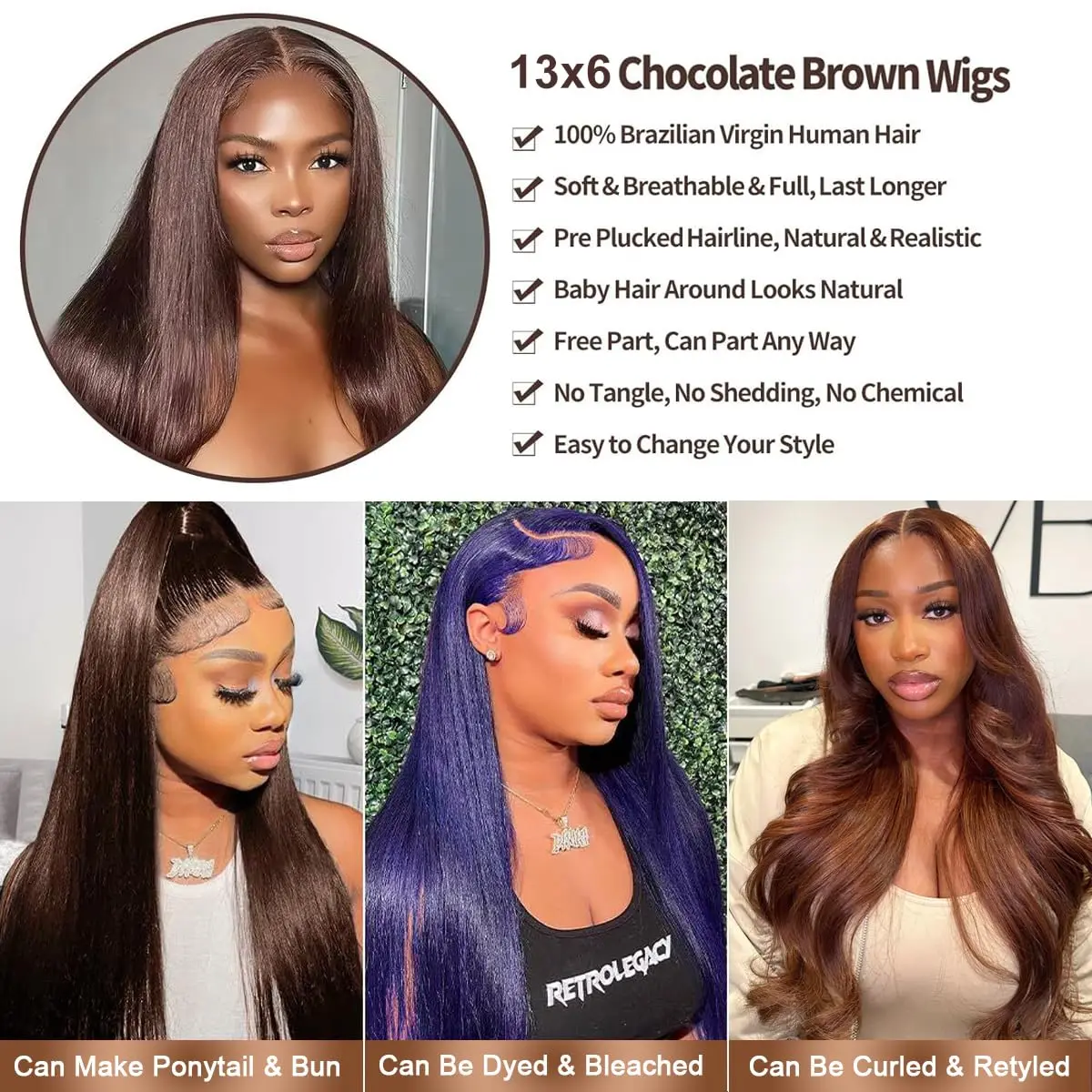 200% Density Colored #4 Brown Wig Human Hair 13x6 Straight Lace Front Wigs Human Hair Pre Plucked Chocolate Brown Lace Front Wig