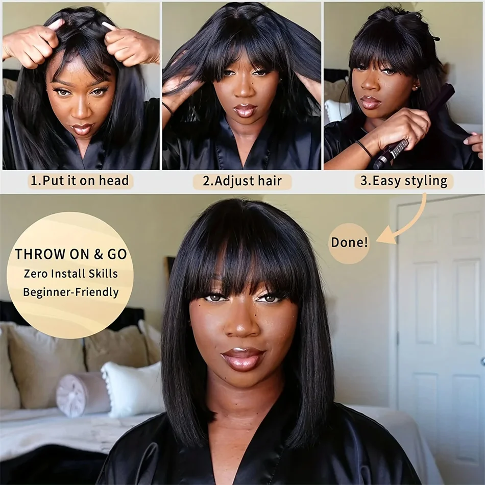 Brazilian Bone Straight Long 100% Human Hair Wigs With Bangs Natural Black Fringe Wig With Bangs For Women cheap wigs on Sale
