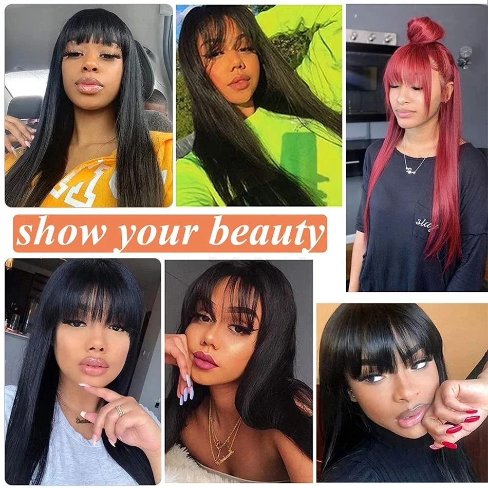 Brazilian Bone Straight Long 100% Human Hair Wigs With Bangs Natural Black Fringe Wig With Bangs For Women cheap wigs on Sale