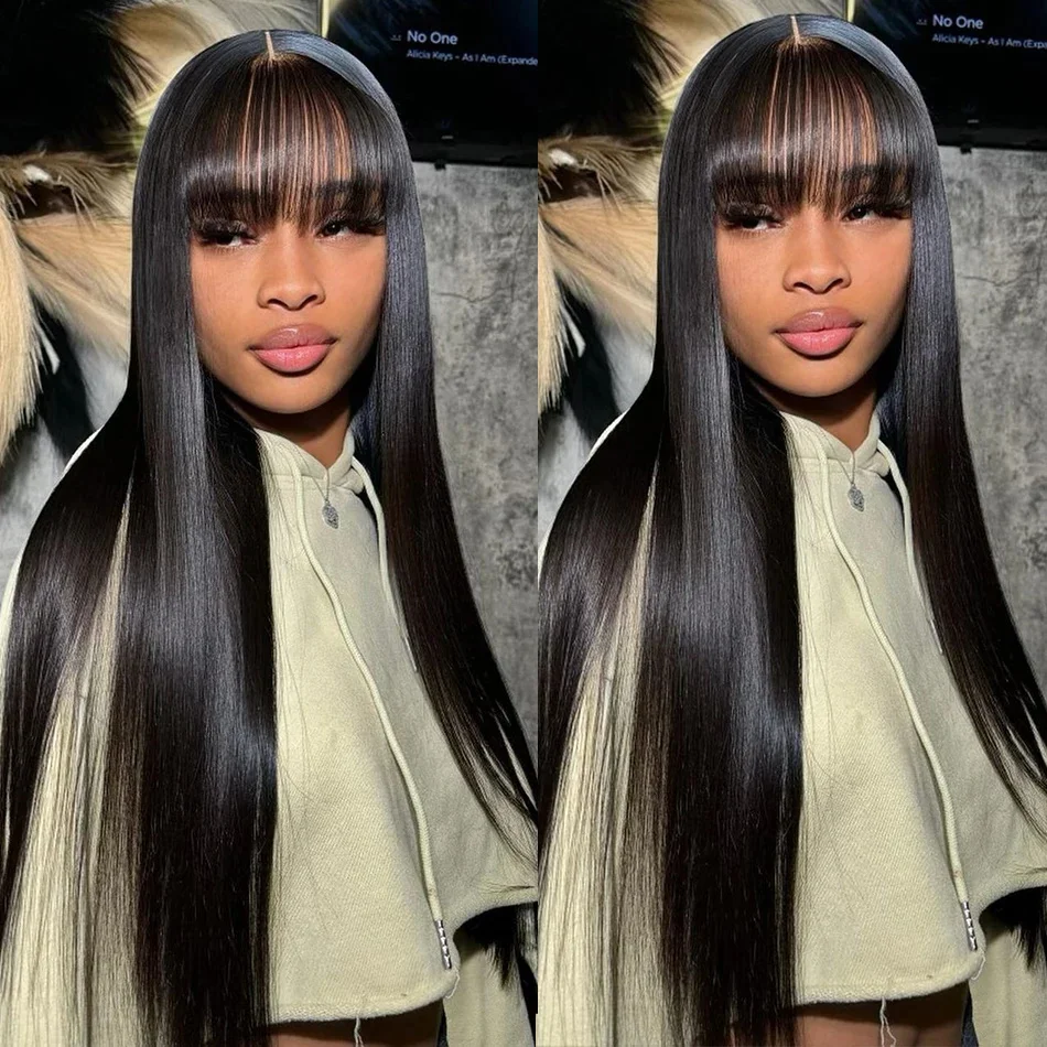 Brazilian Bone Straight Long 100% Human Hair Wigs With Bangs Natural Black Fringe Wig With Bangs For Women cheap wigs on Sale