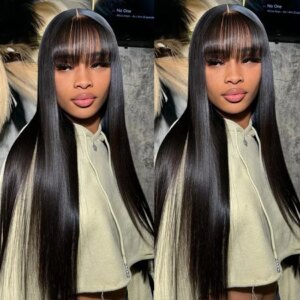Brazilian Bone Straight Long 100% Human Hair Wigs With Bangs