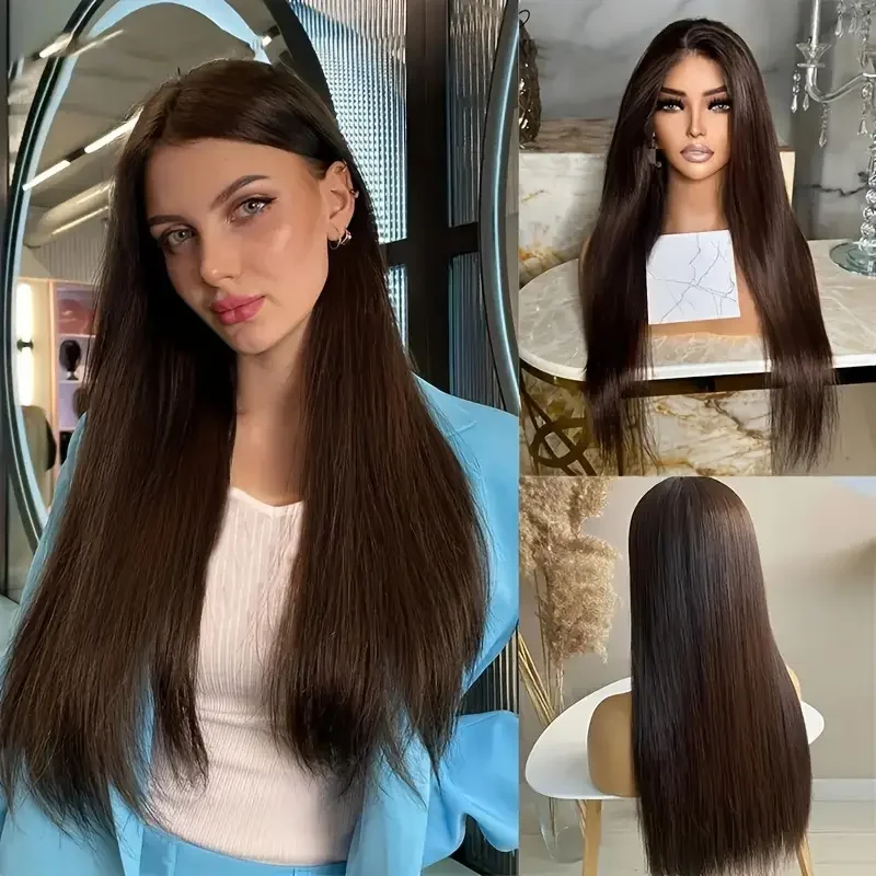 200% Density HD Straight Lace Front Wig Human Hair Wigs #2 Dark Brown 13x6x1 Pre Plucked T Part Wig Silky Straight Lace Frontal