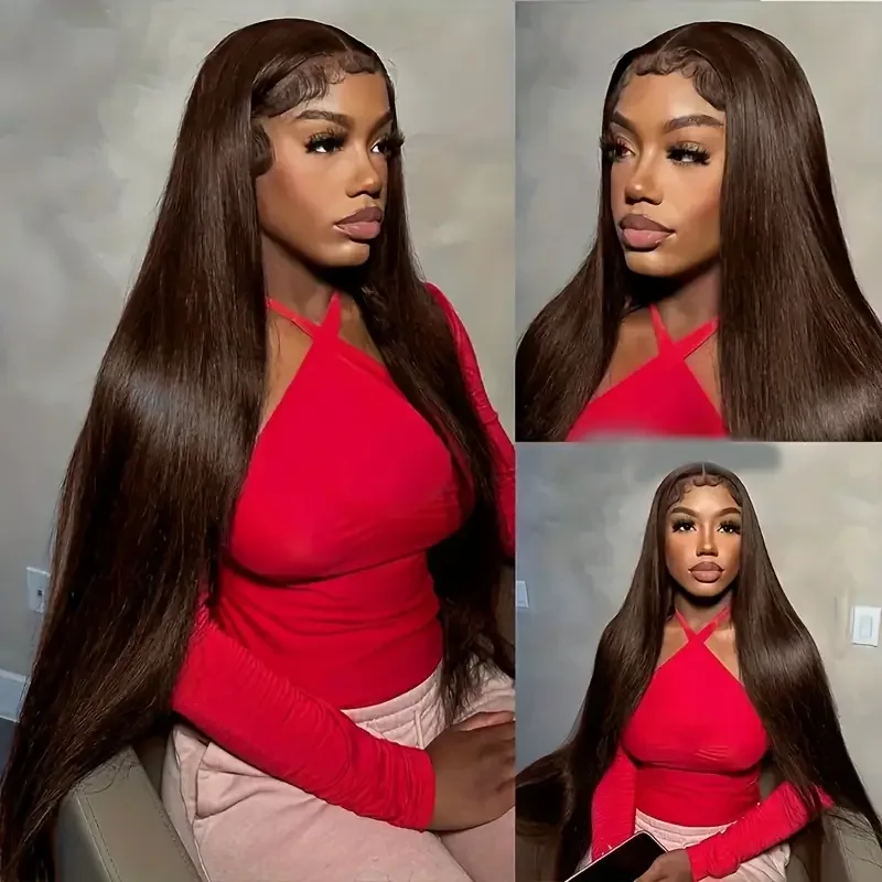 200% Density HD Straight Lace Front Wig Human Hair Wigs #2 Dark Brown 13x6x1 Pre Plucked T Part Wig Silky Straight Lace Frontal