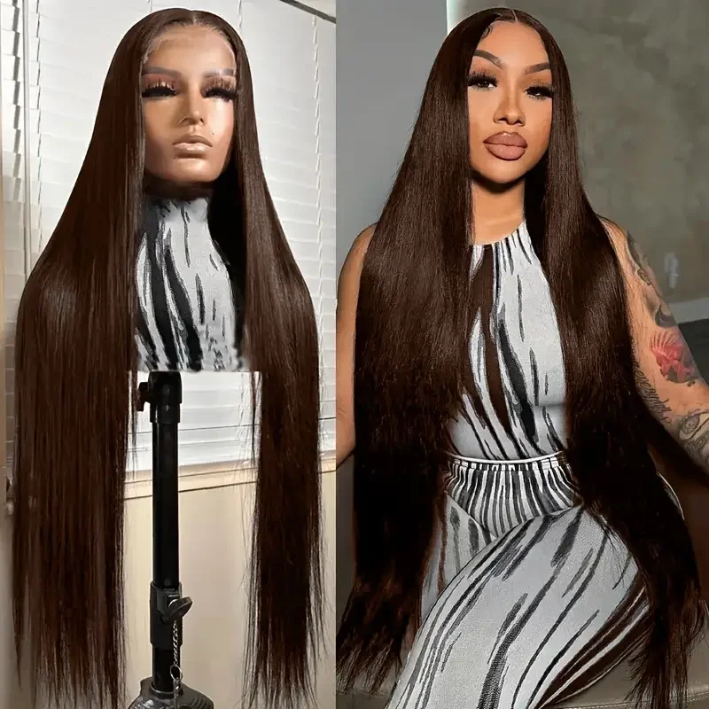 200% Density HD Straight Lace Front Wig Human Hair Wigs #2 Dark Brown 13x6x1 Pre Plucked T Part Wig Silky Straight Lace Frontal