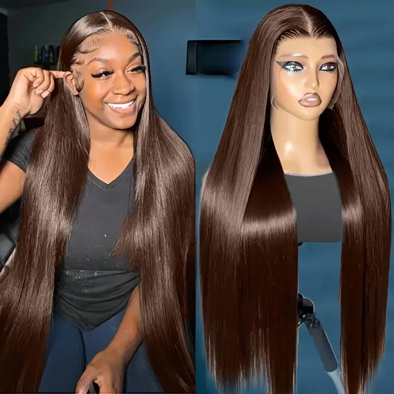 200% Density HD Straight Lace Front Wig Human Hair Wigs #2 Dark Brown 13x6x1 Pre Plucked T Part Wig Silky Straight Lace Frontal
