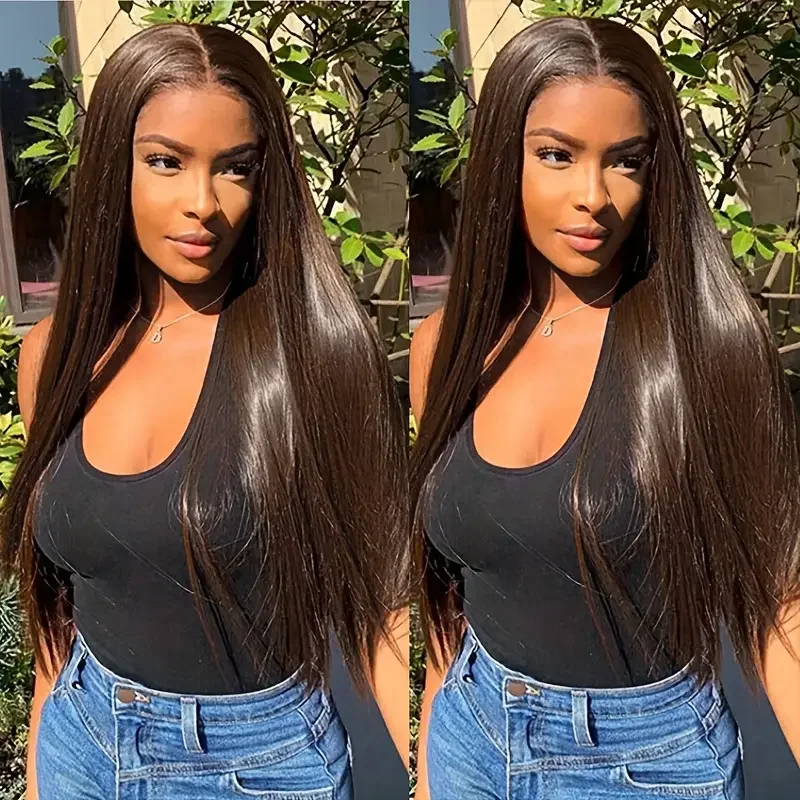 200% Density HD Straight Lace Front Wig Human Hair Wigs #2 Dark Brown 13x6x1 Pre Plucked T Part Wig Silky Straight Lace Frontal