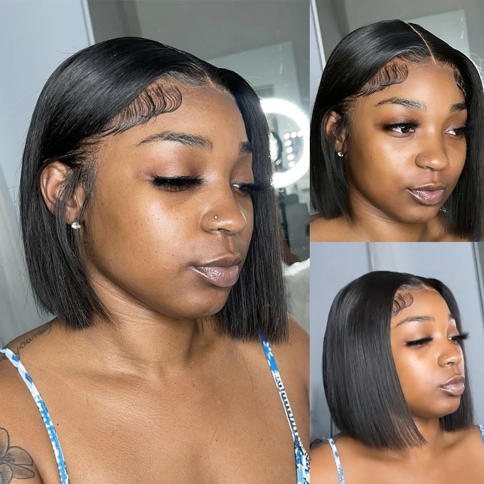 13x4 Straight Lace Frontal Bob Wig Pre Plucked 4x4 Human Hair Wigs Brazilian Remy Bone Straight Short Bob Wig For Women 14 Inch