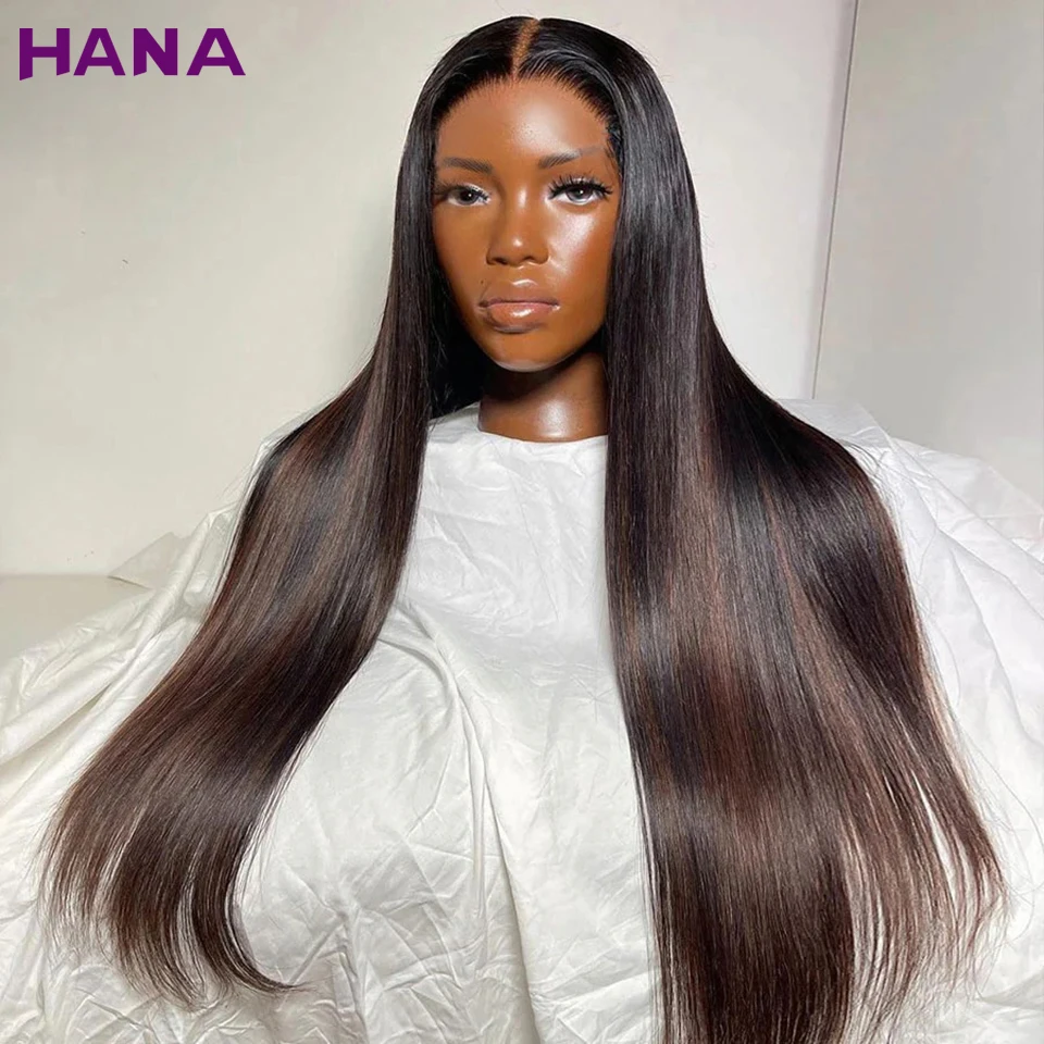 Highlights Brown Black Colored 13x6 Lace Front Wig Straight Pre-Plucked 200% Density 5x7 Lace Closure Wigs Human Hair For Women