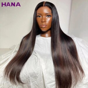 Highlights Brown Black Colored Lace Front Human Hair Wig Straight Pre-Plucked
