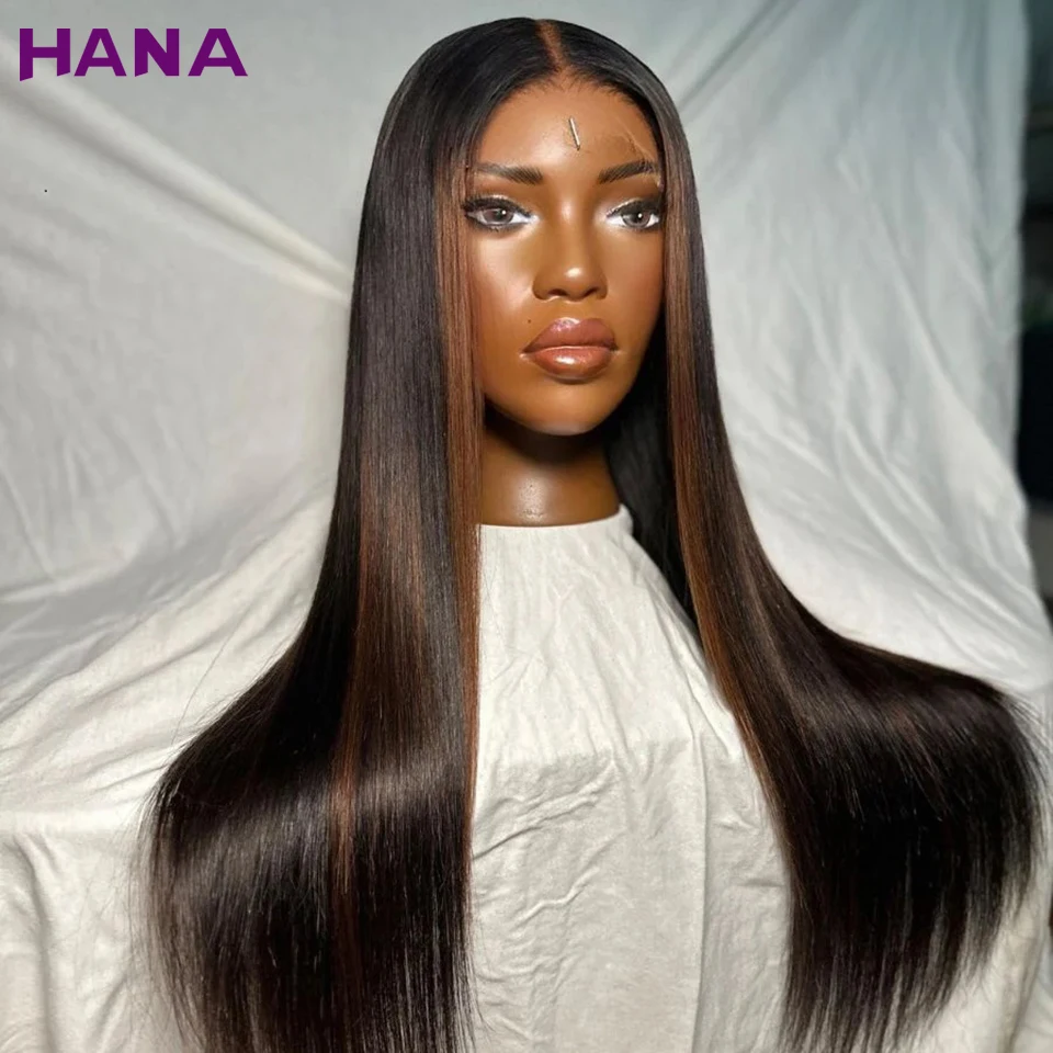 Highlights Brown Black Colored 13x6 Lace Front Wig Straight Pre-Plucked 200% Density 5x7 Lace Closure Wigs Human Hair For Women