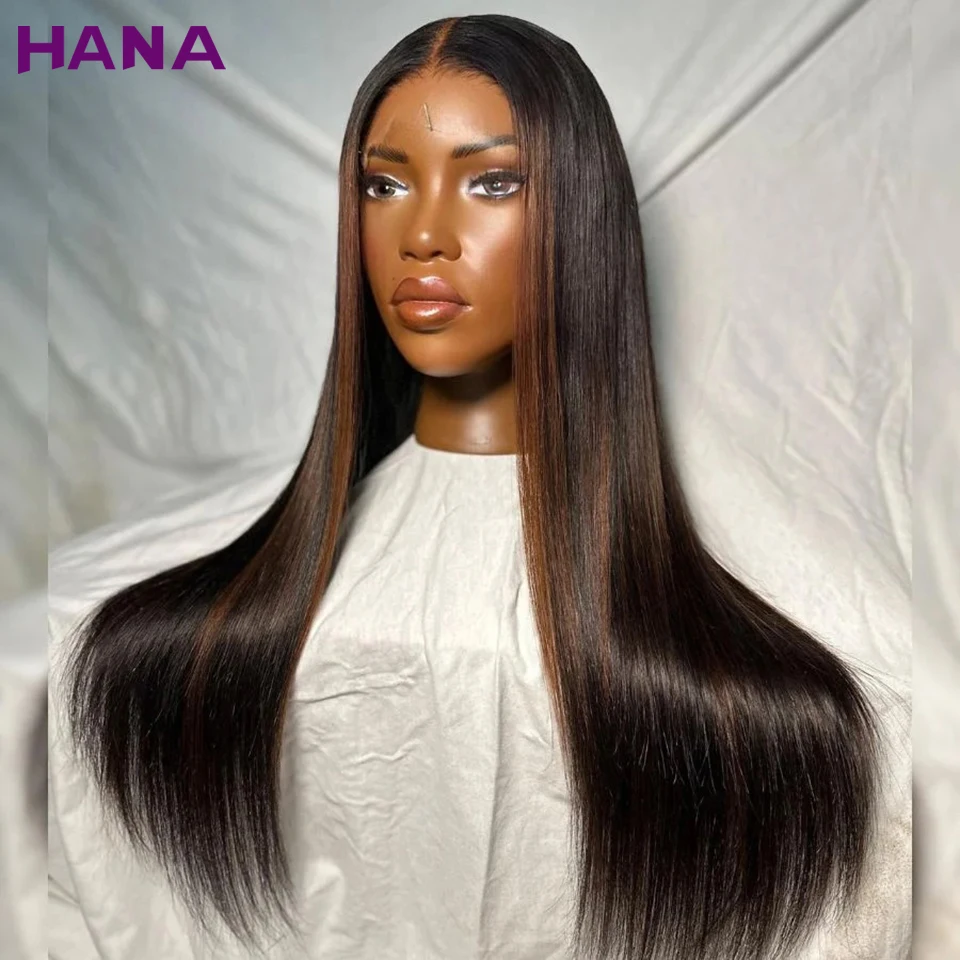 Highlights Brown Black Colored 13x6 Lace Front Wig Straight Pre-Plucked 200% Density 5x7 Lace Closure Wigs Human Hair For Women
