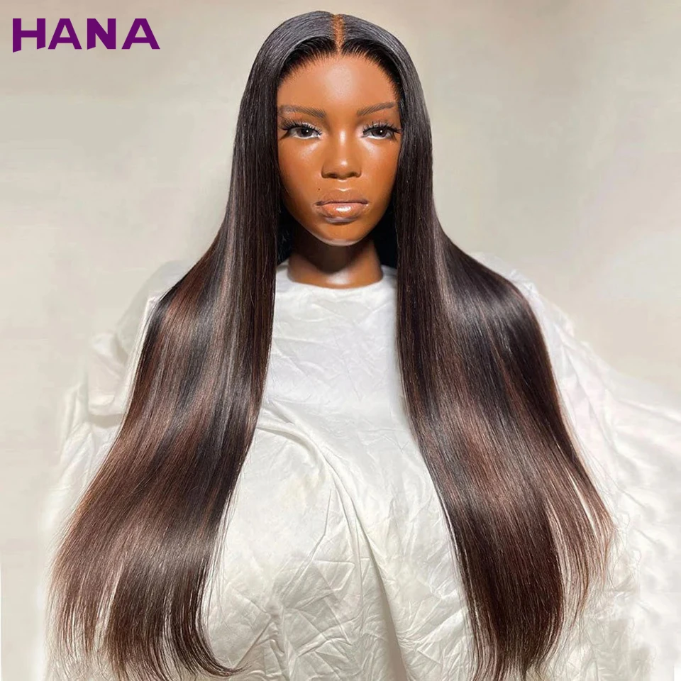 Highlights Brown Black Colored 13x6 Lace Front Wig Straight Pre-Plucked 200% Density 5x7 Lace Closure Wigs Human Hair For Women
