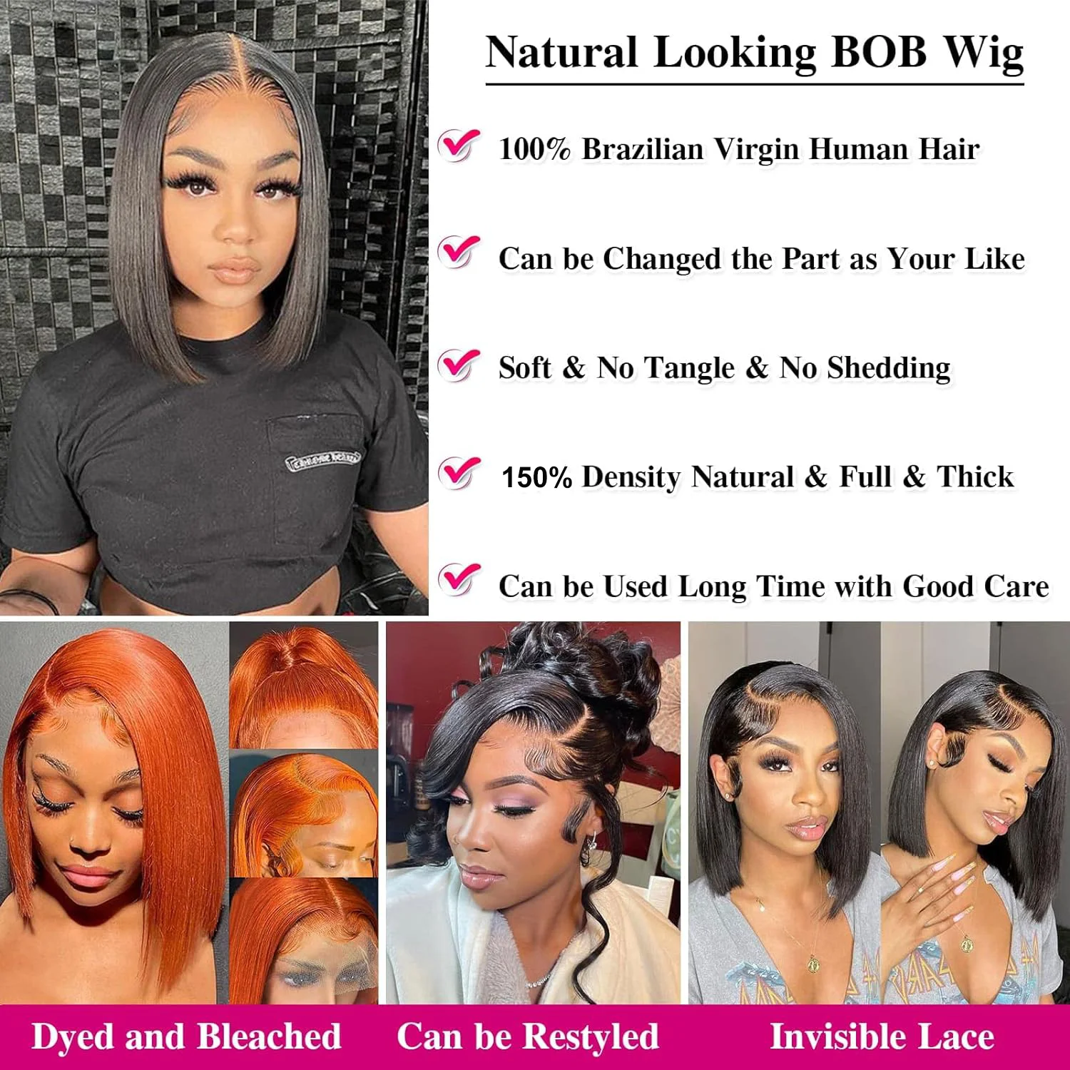 Brazilian Human Hair Remy Bone Straight Hair Bob Wigs
