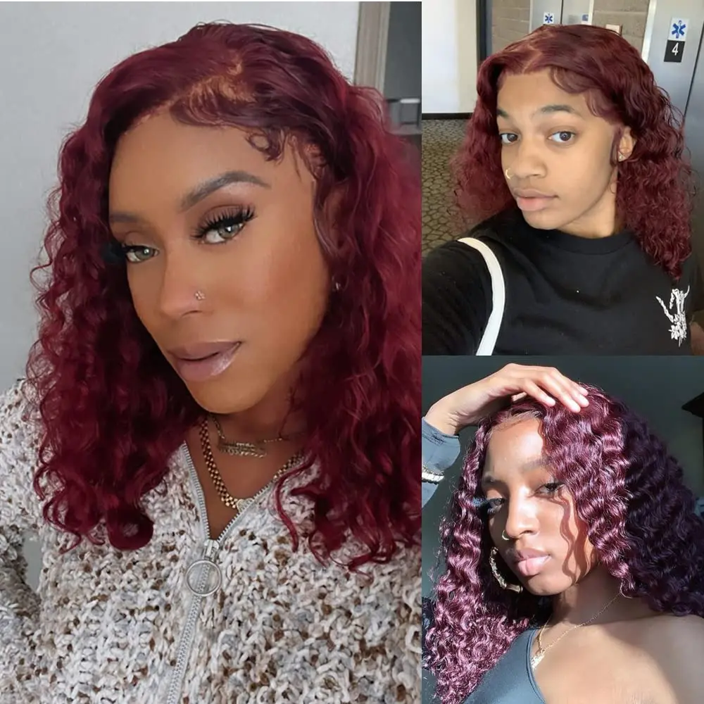Burgundy Bob Deep Wave Lace Front Human Hair Wigs For Women Burgundy Bob Deep Wave Lace Front Human Hair Wigs For Women