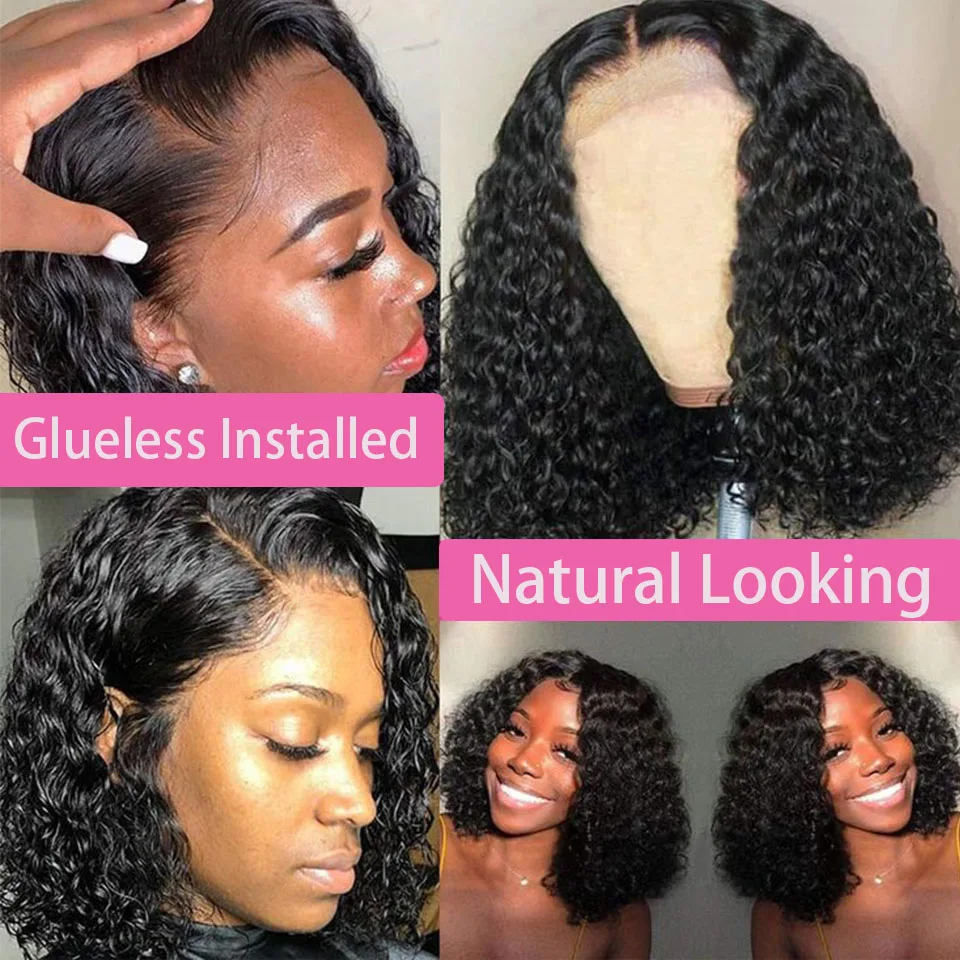 Short Bob Glueless Wigs Deep Wave Glueless Human Hair Ready To Wear 180% Pre Cut Lace 4x4 13x4 Black Culry Lace Front Human Hair