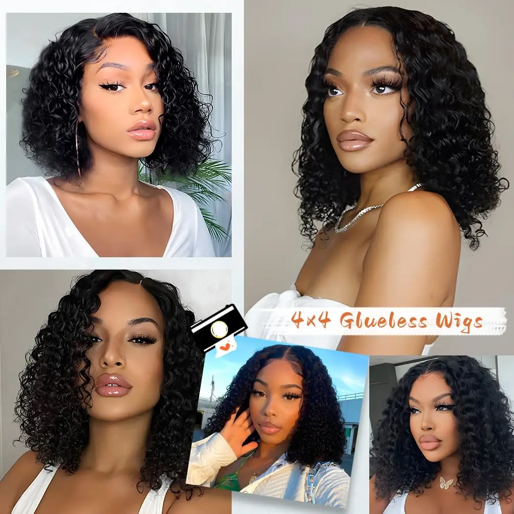 Short Bob Glueless Wigs Deep Wave Glueless Human Hair Ready To Wear 180% Pre Cut Lace 4x4 13x4 Black Culry Lace Front Human Hair