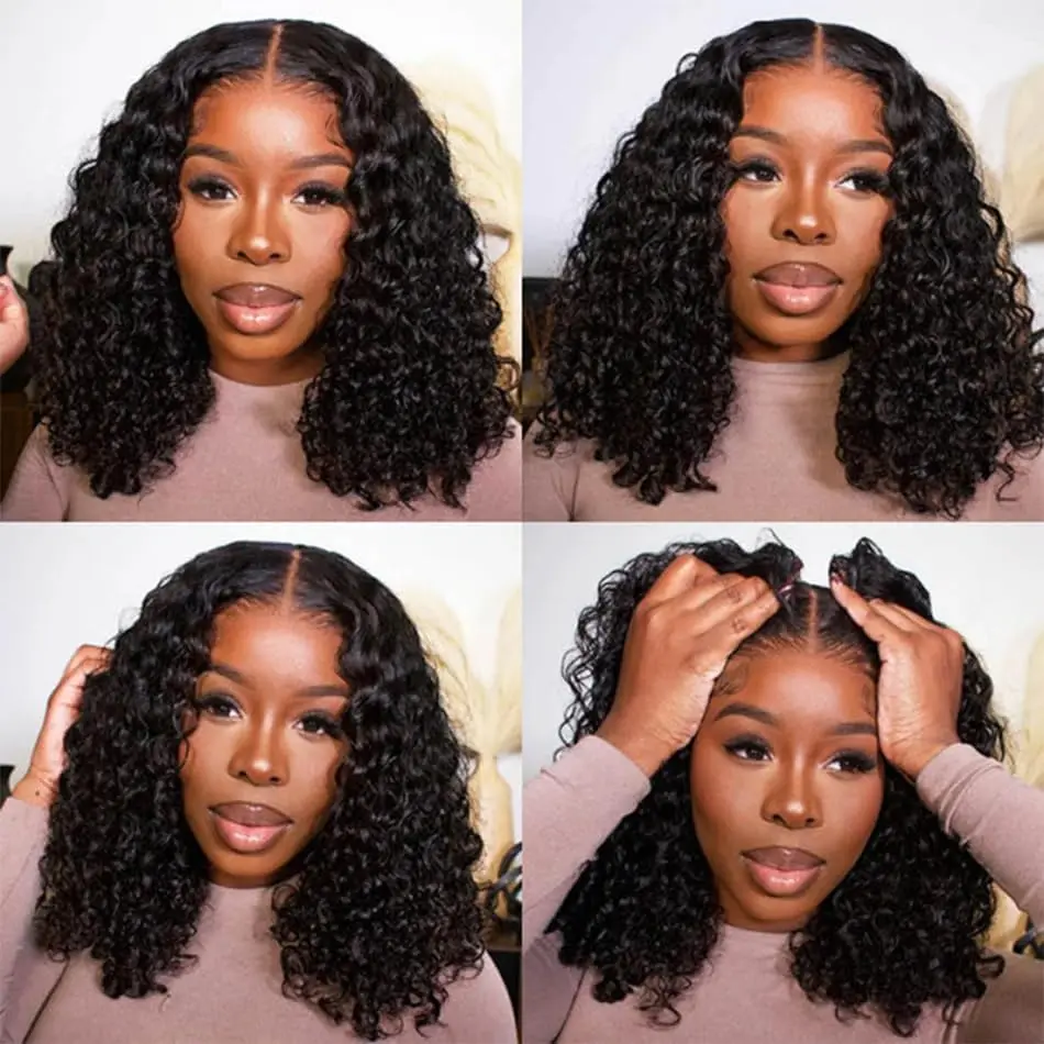 Short Bob Glueless Wigs Deep Wave Glueless Human Hair Ready To Wear 180% Pre Cut Lace 4x4 13x4 Black Culry Lace Front Human Hair