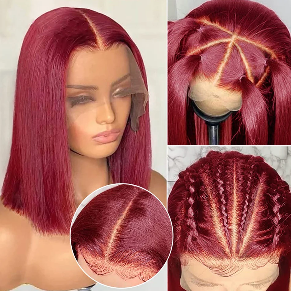 99J Burgundy Short Bob Wig 13x4 Human Hair Lace Front Wig Brazilian Remy Straight Short Bob Wigs Red Color For Woman Human Hair