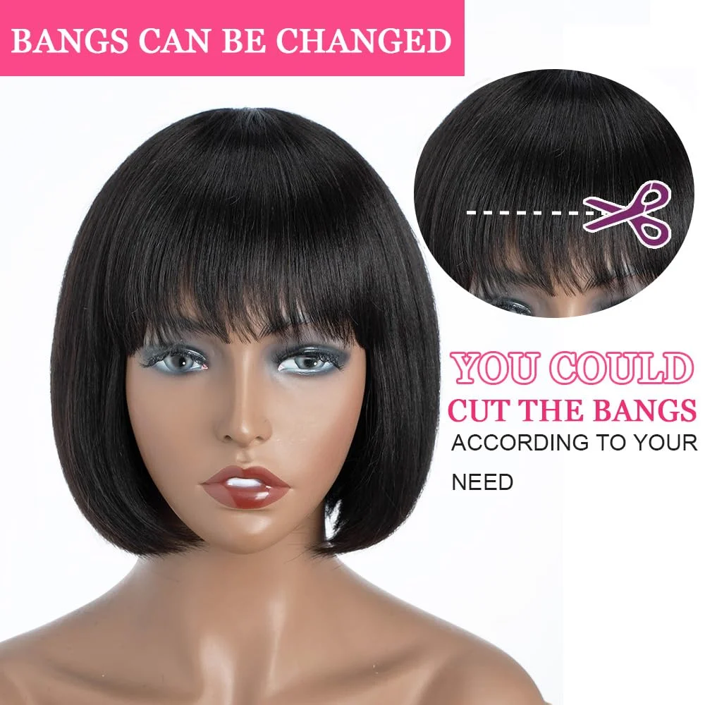 Short Bob Wigs Human Hair With Bangs None Lace Front Wigs Machine Made Brazilian Remy Straight Bob Wigs for Black Women No Glue