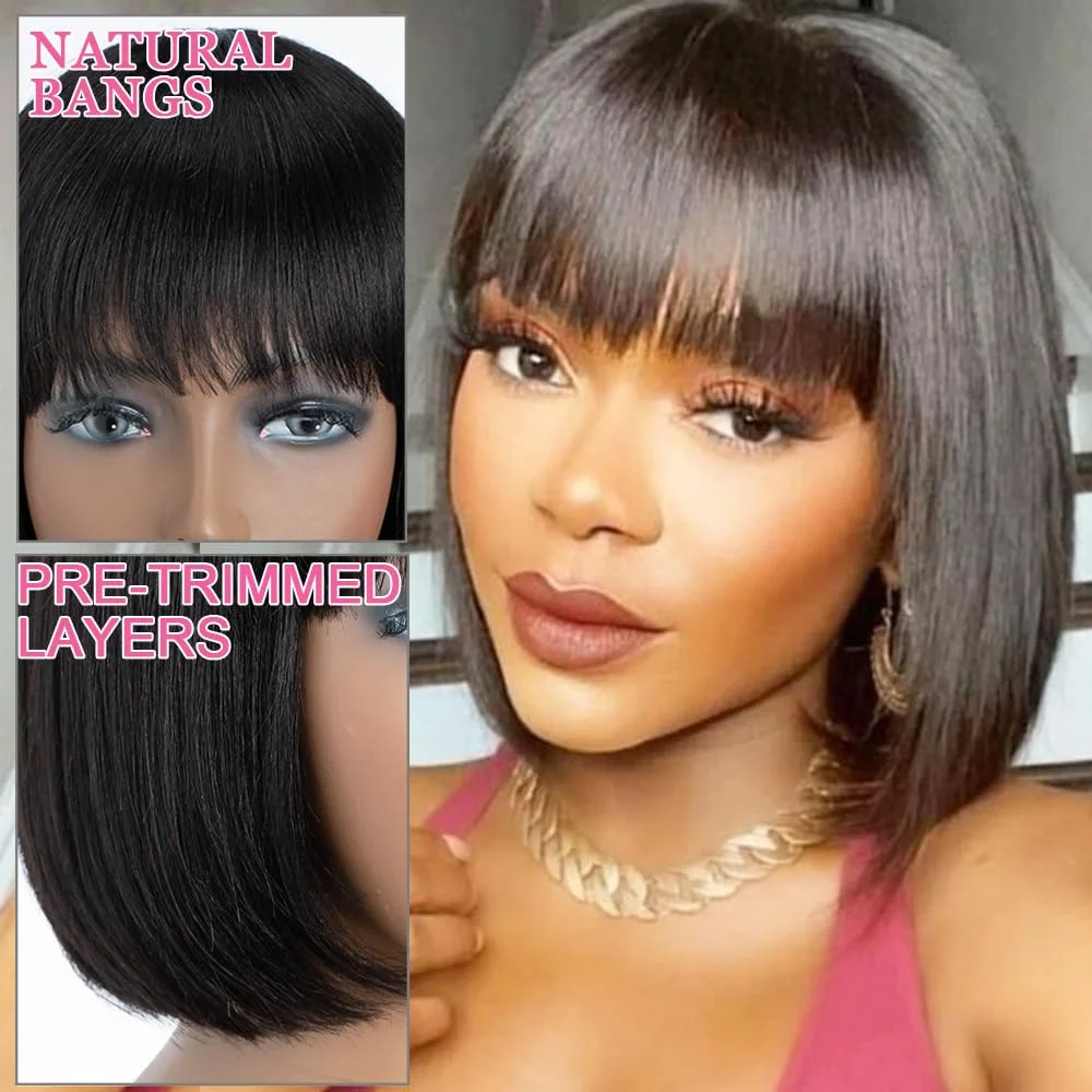 Short Bob Wigs Human Hair With Bangs None Lace Front Wigs Machine Made Brazilian Remy Straight Bob Wigs for Black Women No Glue