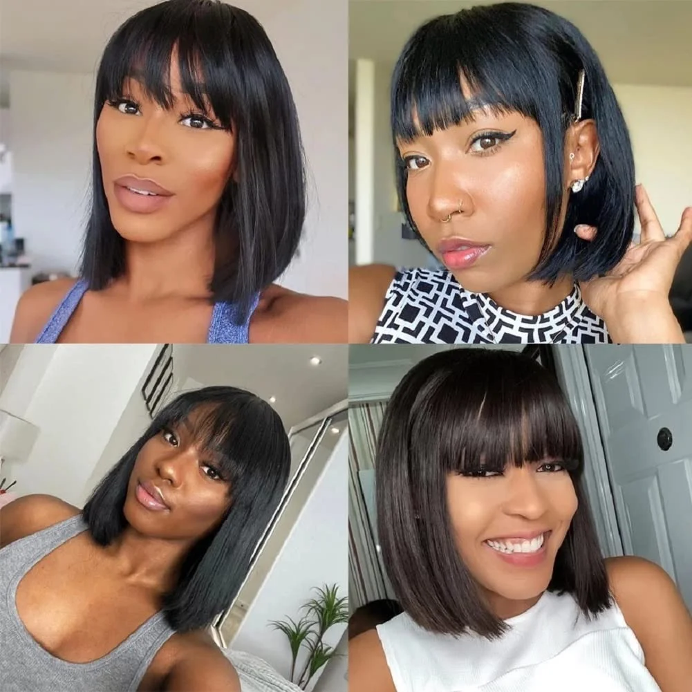 Short Bob Wigs Human Hair With Bangs None Lace Front Wigs Machine Made Brazilian Remy Straight Bob Wigs for Black Women No Glue
