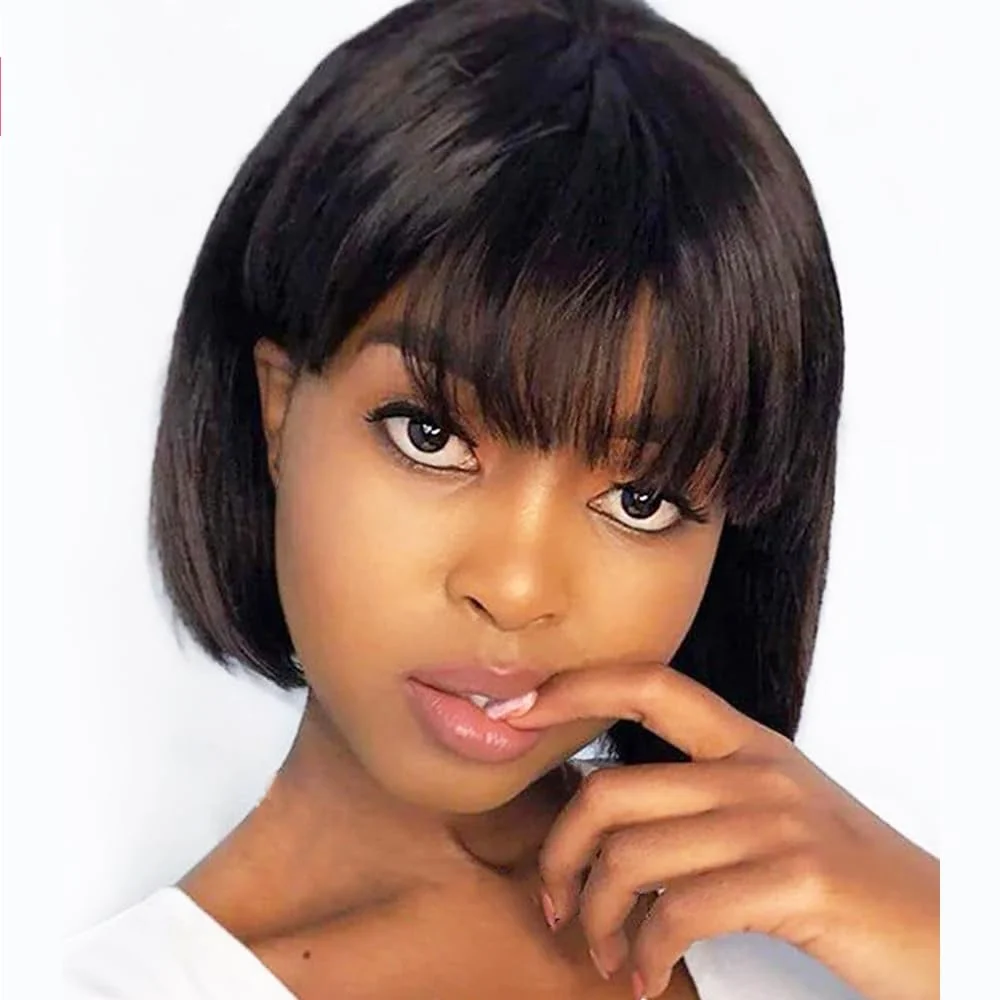 Short Bob Wigs Human Hair With Bangs None Lace Front Wigs Machine Made Brazilian Remy Straight Bob Wigs for Black Women No Glue