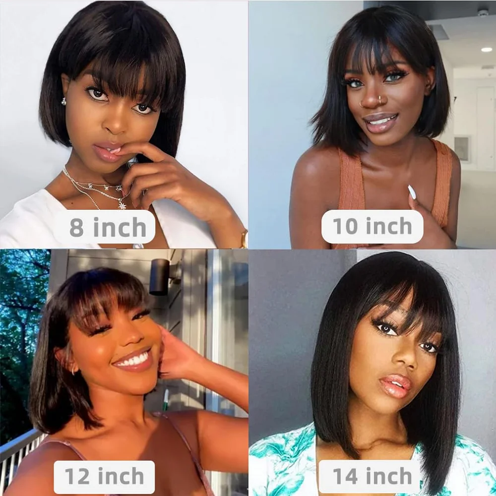 Short Bob Wigs Human Hair With Bangs None Lace Front Wigs Machine Made Brazilian Remy Straight Bob Wigs for Black Women No Glue