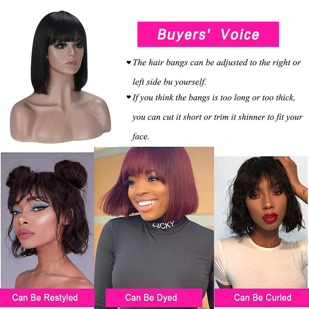 Short Bob Wigs Human Hair With Bangs None Lace Front Wigs Machine Made Brazilian Remy Straight Bob Wigs for Black Women No Glue
