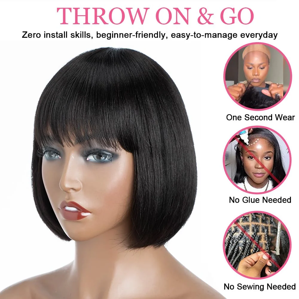Short Bob Wigs Human Hair With Bangs None Lace Front Wigs Machine Made Brazilian Remy Straight Bob Wigs for Black Women No Glue