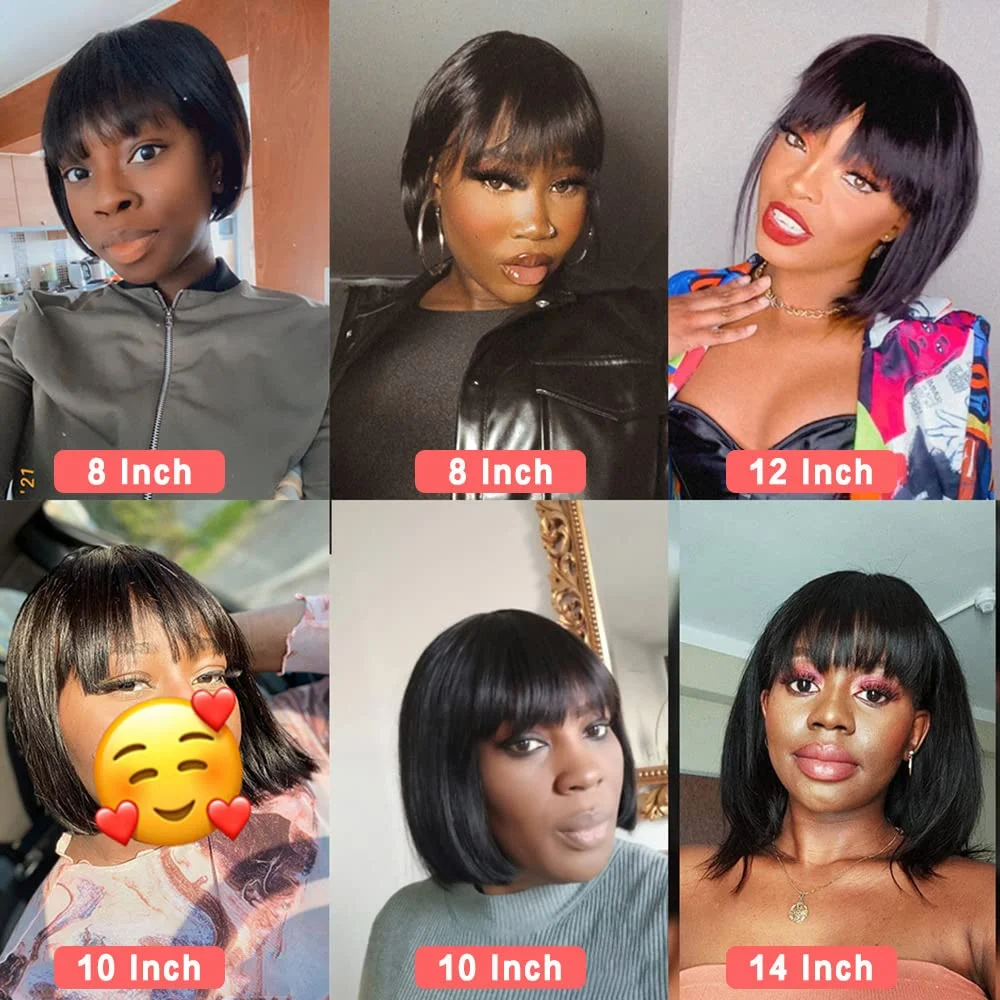 Short Bob Wigs Human Hair With Bangs None Lace Front Wigs Machine Made Brazilian Remy Straight Bob Wigs for Black Women No Glue