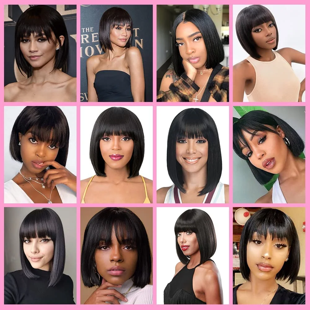 Short Bob Wigs Human Hair With Bangs None Lace Front Wigs Machine Made Brazilian Remy Straight Bob Wigs for Black Women No Glue