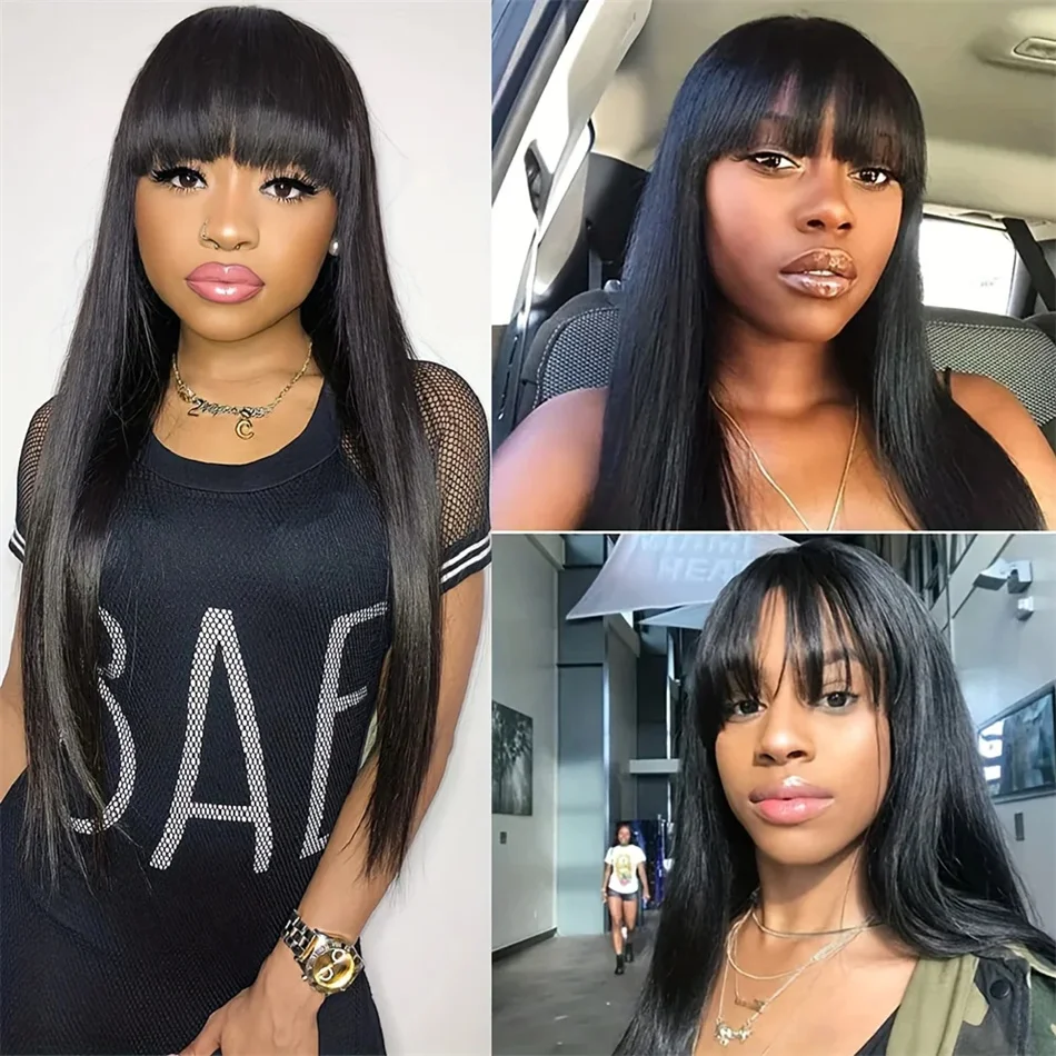 Wholesale Peruvian Straight Human Hair Wig With Bangs Remy Full Machine Made Wigs for Black Women Natural Color On Sale