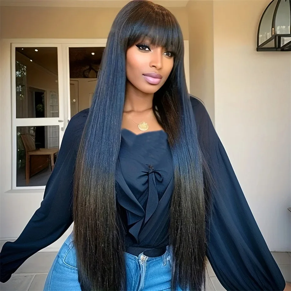 Wholesale Peruvian Straight Human Hair Wig With Bangs Remy Full Machine Made Wigs for Black Women Natural Color On Sale